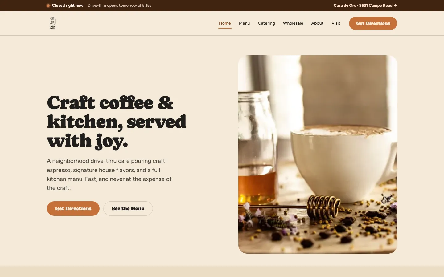 Gladly Coffee concept site on a laptop: home page with headline and coffee photo